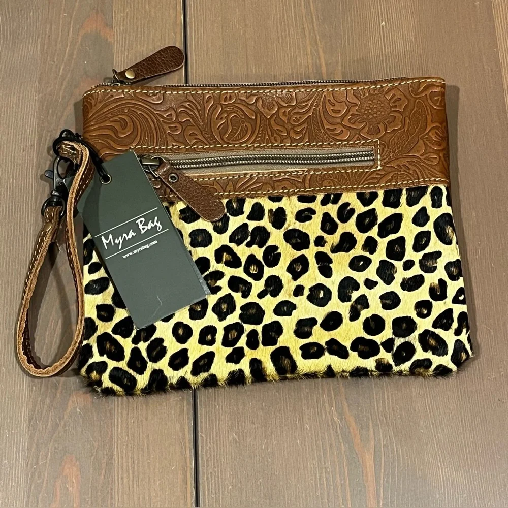 NEW Myra Bag Wristlet Pouch Urban Hair On Tooled Leather Western Animal Print